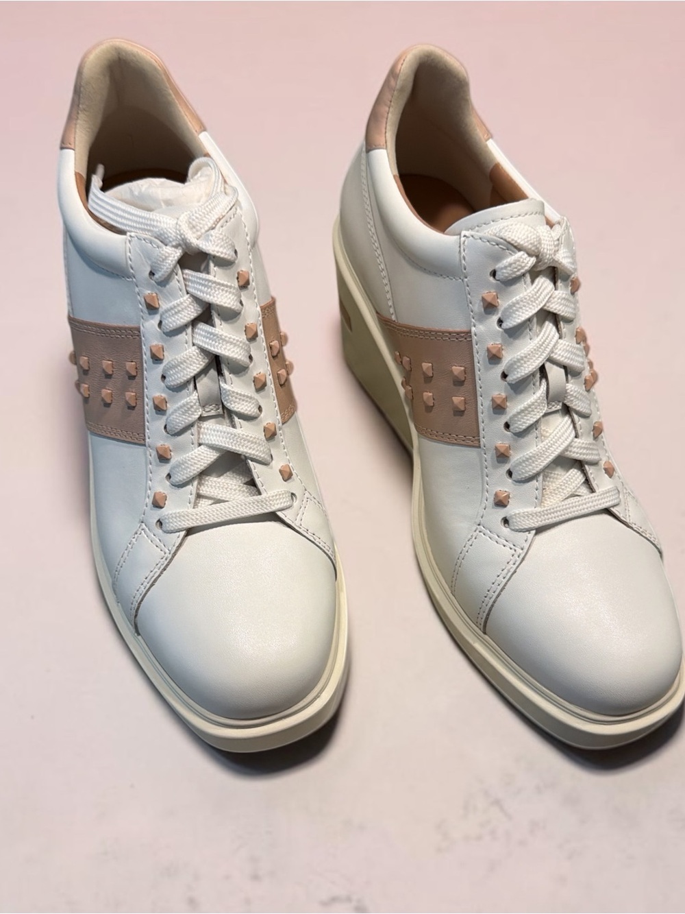 Paolo White Leather Sneakers with Blush Pink Studded Band